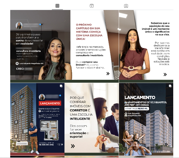 Print real do mesmo perfil depois: carrossel de apresentação, conteúdo estratégico e divulgação profissional de imóveis